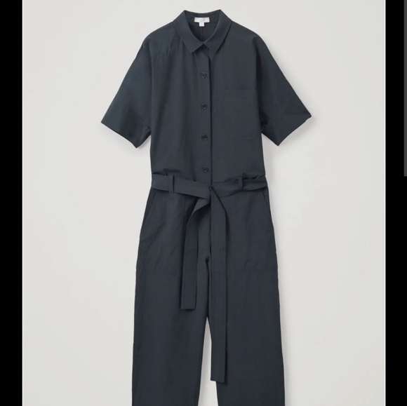 COS Black Cotton Topstitched Belted Jumpsuit Sz 4 US - Picture 3 of 10